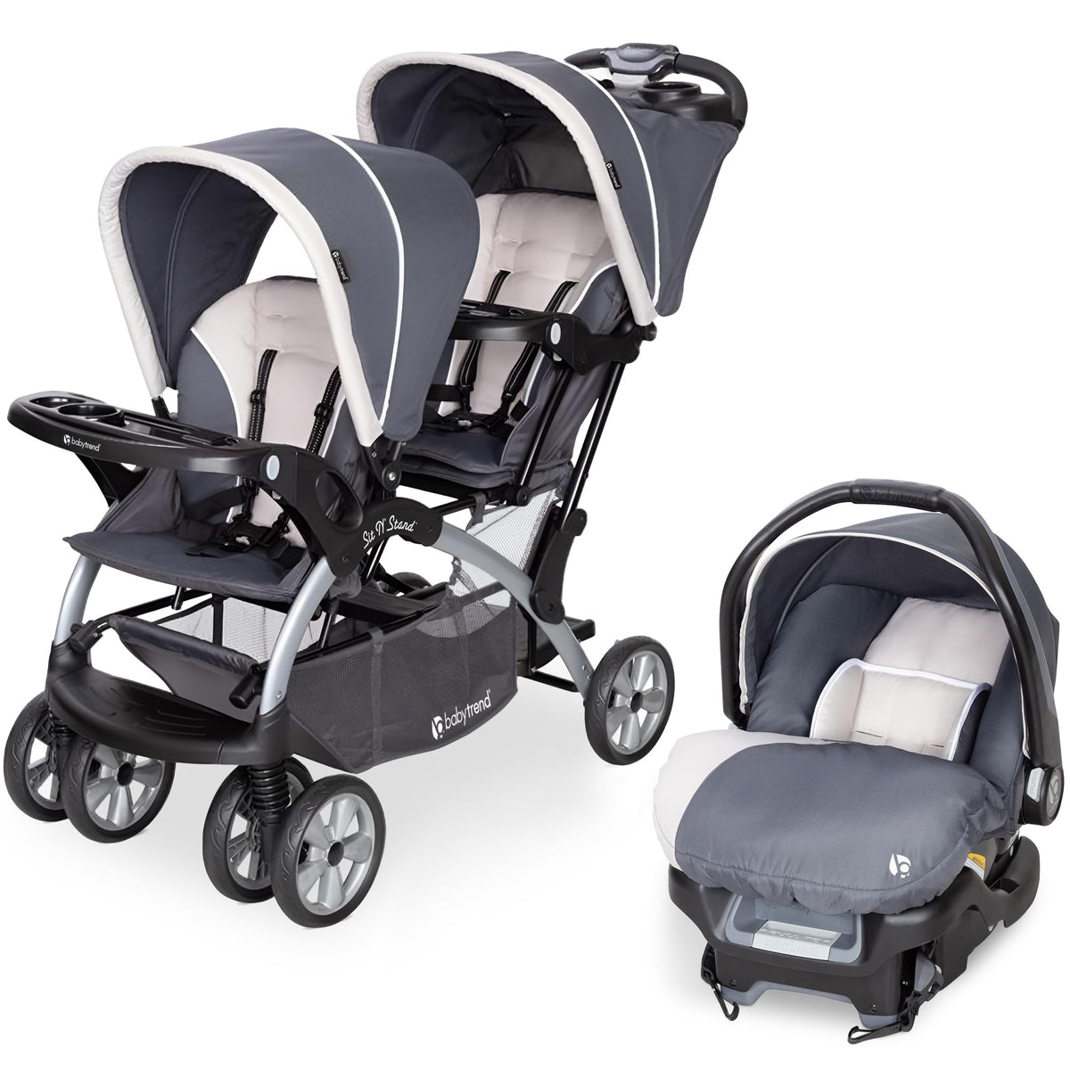 Baby Trend infant and toddler double stroller with car seat, lightweight and portable, stormy color, tandem travel system.
