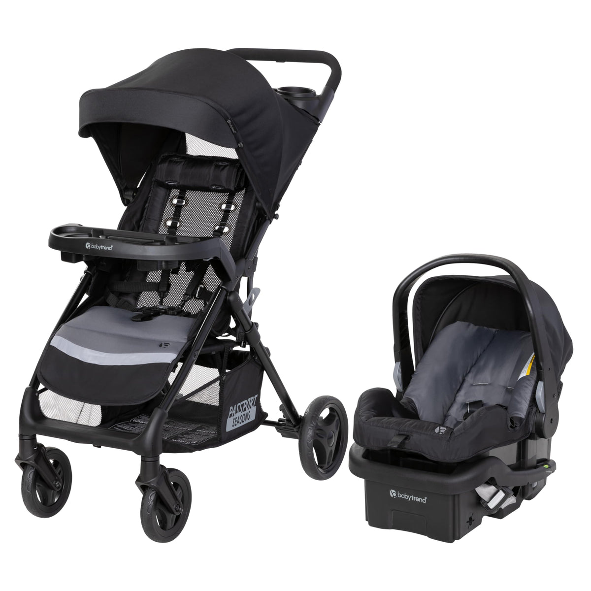 Baby Trend Passport cargo stroller with pink Bamboo design and EZ-Lift Plus infant car seat, suitable for travel and everyday use.