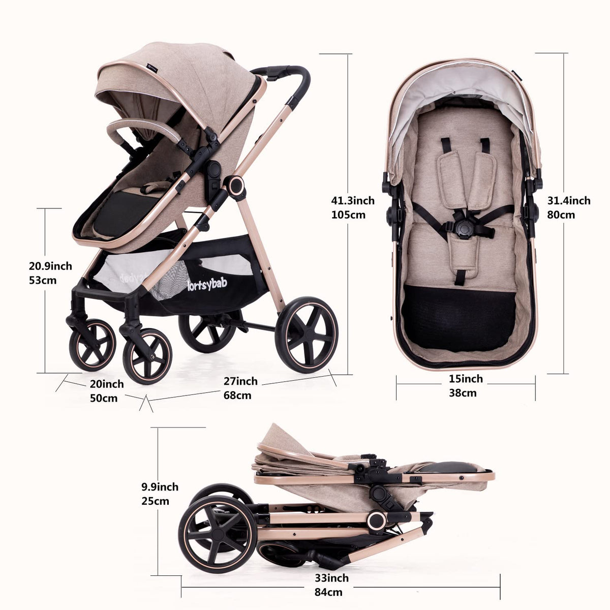 2-In-1 Baby Stroller Foldable With Reversible Seat For Infants And Toddlers 0-36 Months Beige — image 28