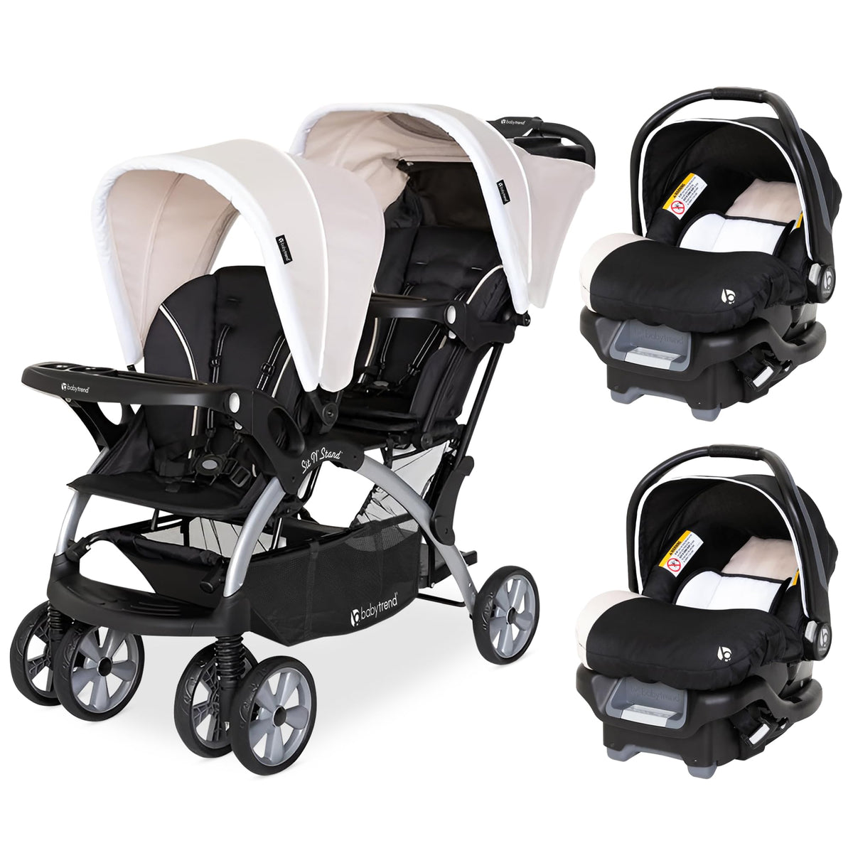 Baby Trend infant and toddler double stroller and car seat combo in stormy color, lightweight and portable tandem travel system.
