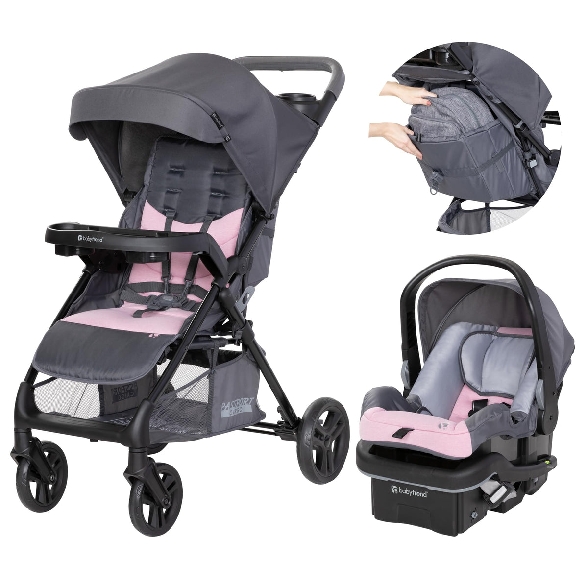 Baby Trend Passport cargo stroller with EZ-Lift infant car seat in pink bamboo, featuring fabric canopy and storage basket.