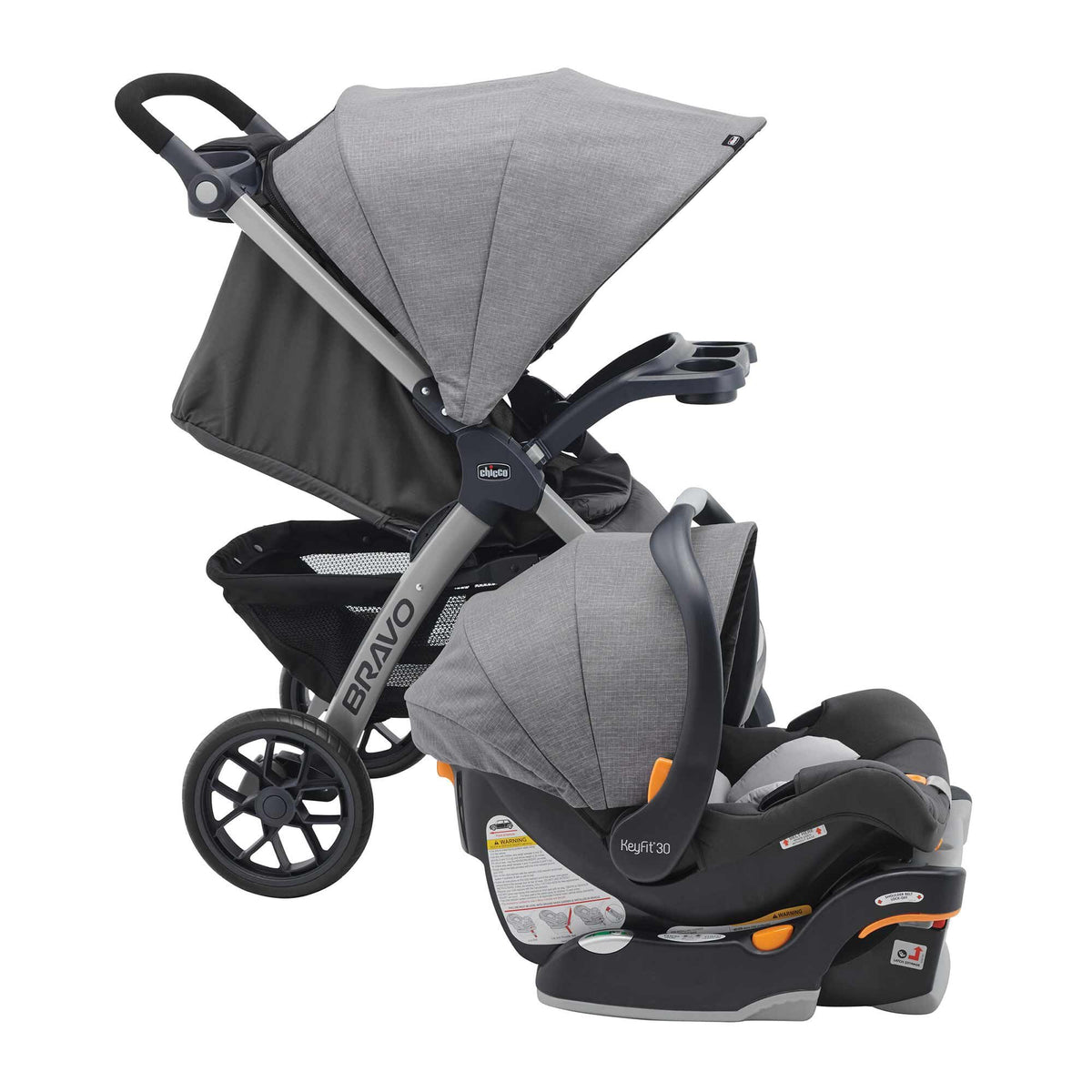 Chicco Bravo 3-in-1 travel system with quick-fold stroller, KeyFit 30 infant car seat, and base in Camden/Black color.
