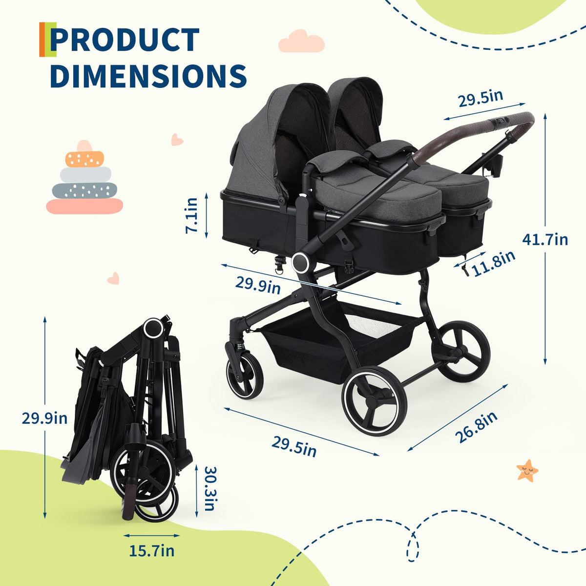 Double Stroller Tandem for Newborn and Toddler with Lightweight Compact Fold for Easy Travel and City Streets Pink — image 14