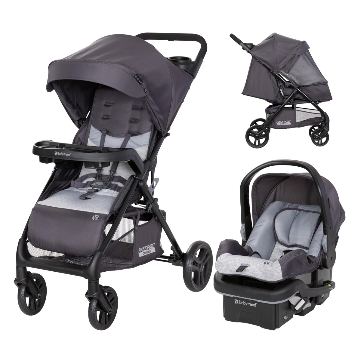 Baby Trend Passport cargo stroller with EZ-Lift infant car seat in pink bamboo, featuring adjustable handle and storage basket.