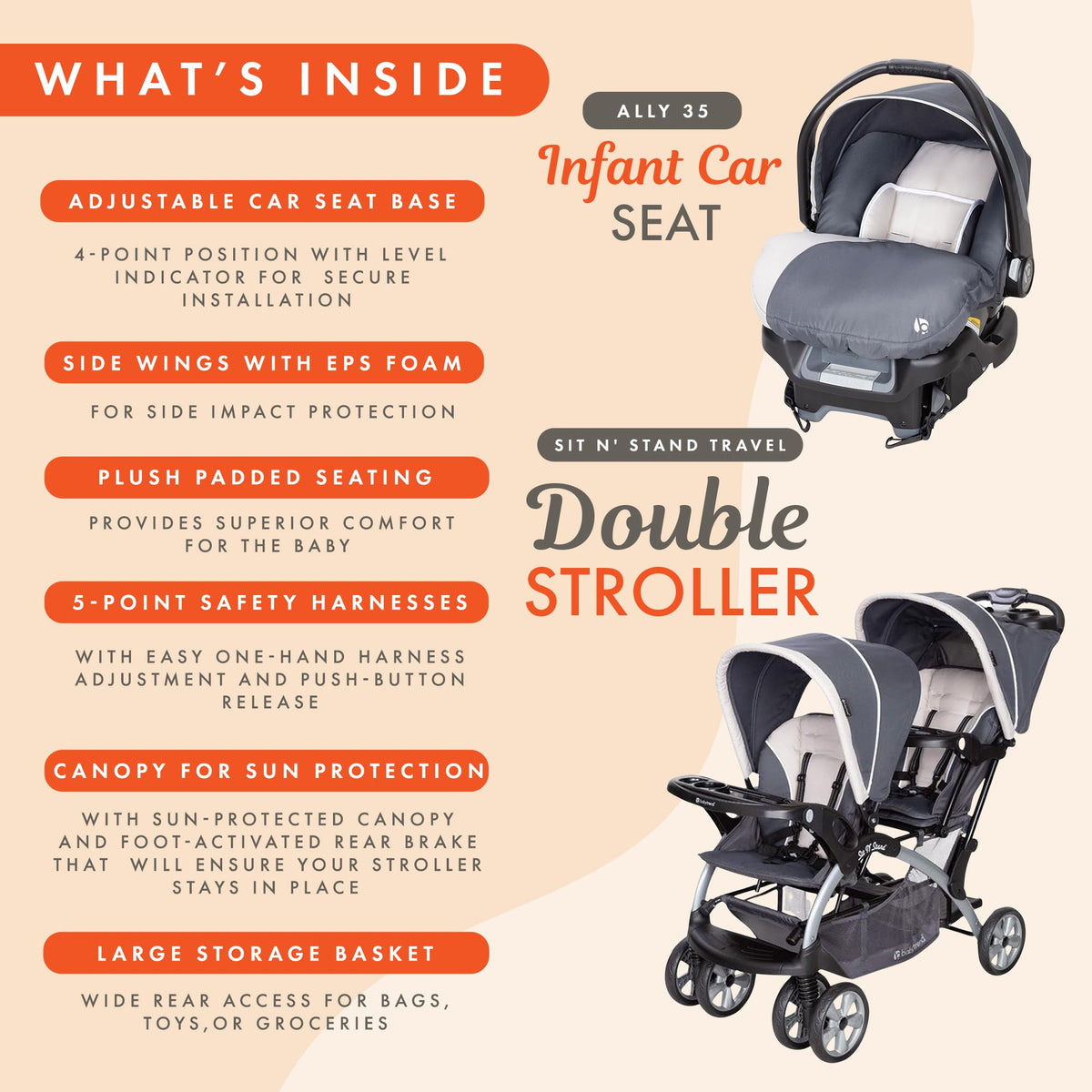 Baby Trend Double Stroller Car Seat Travel System Stormy — image 32