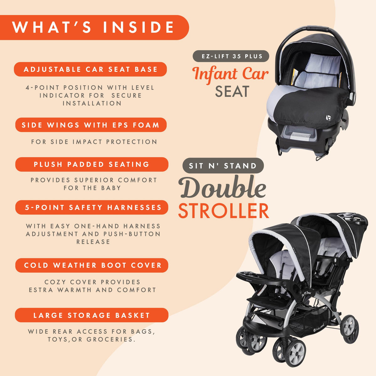 Baby Trend Double Stroller Car Seat Travel System Stormy — image 43