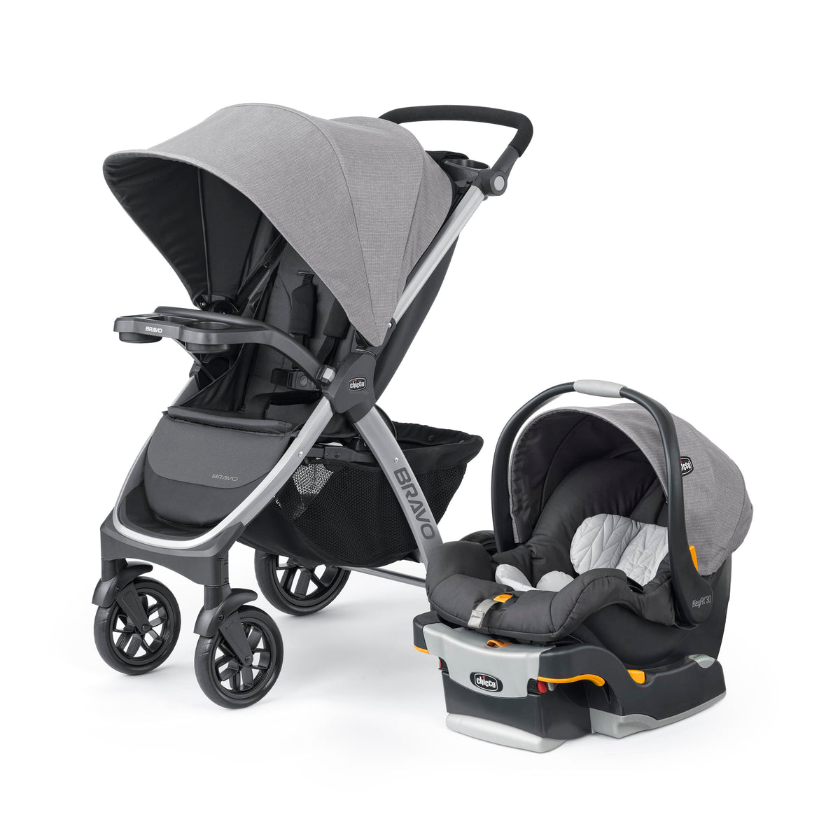 Chicco Bravo 3-in-1 travel system with quick-fold stroller, KeyFit 30 infant car seat and base, in Camden/Black color