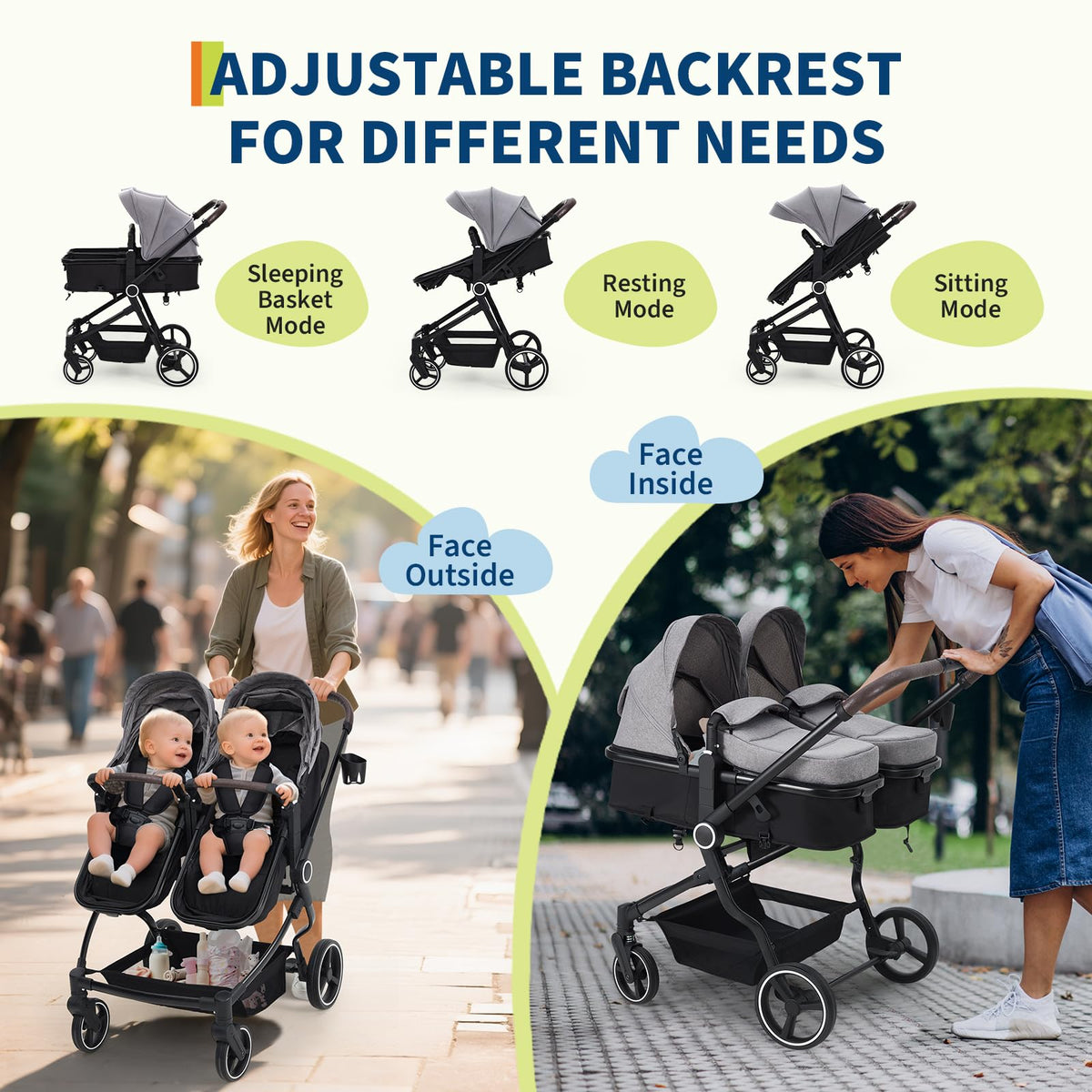 Double Stroller For Twins Lightweight Side By Side Reclining Seats — image 19