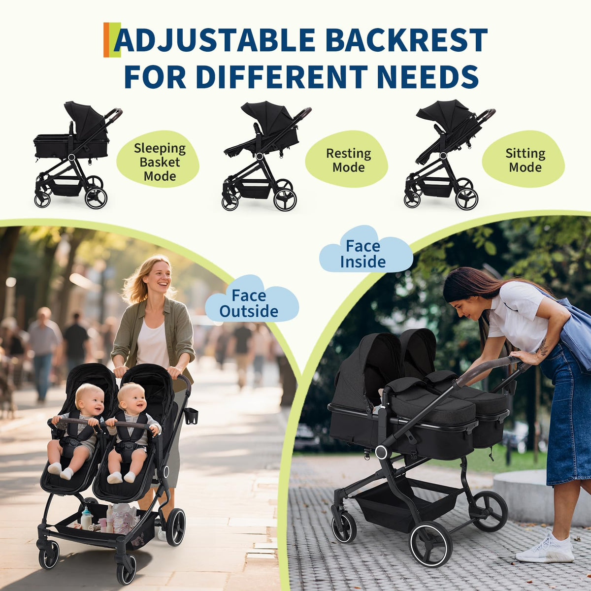 Double Stroller For Twins Lightweight Side By Side Reclining Seats — image 14