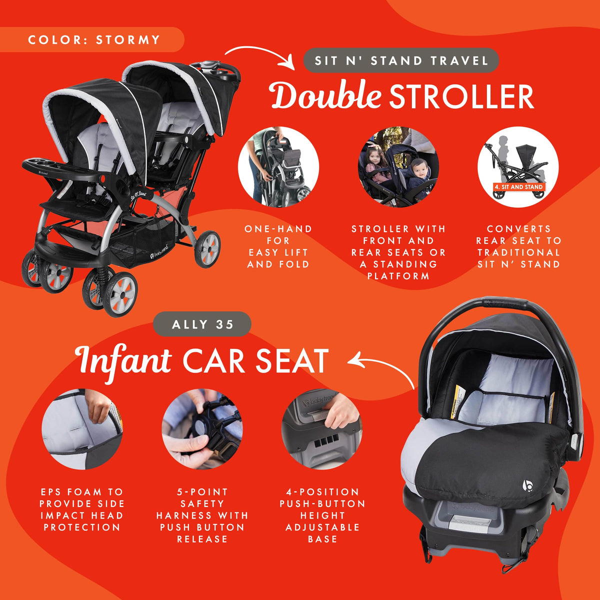 Baby Trend Double Stroller Car Seat Travel System Stormy — image 31