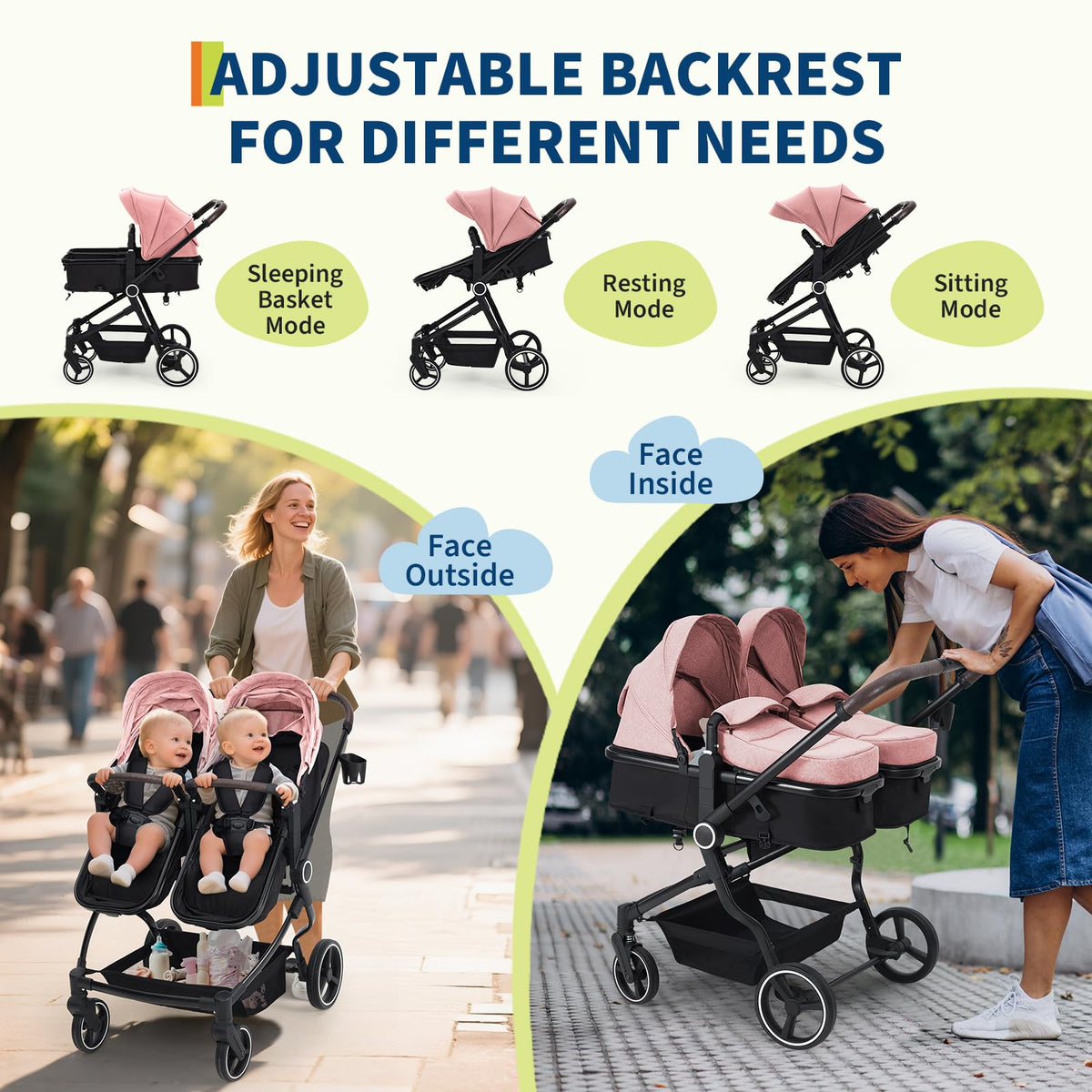 Double Stroller For Twins Lightweight Side By Side Reclining Seats — image 13
