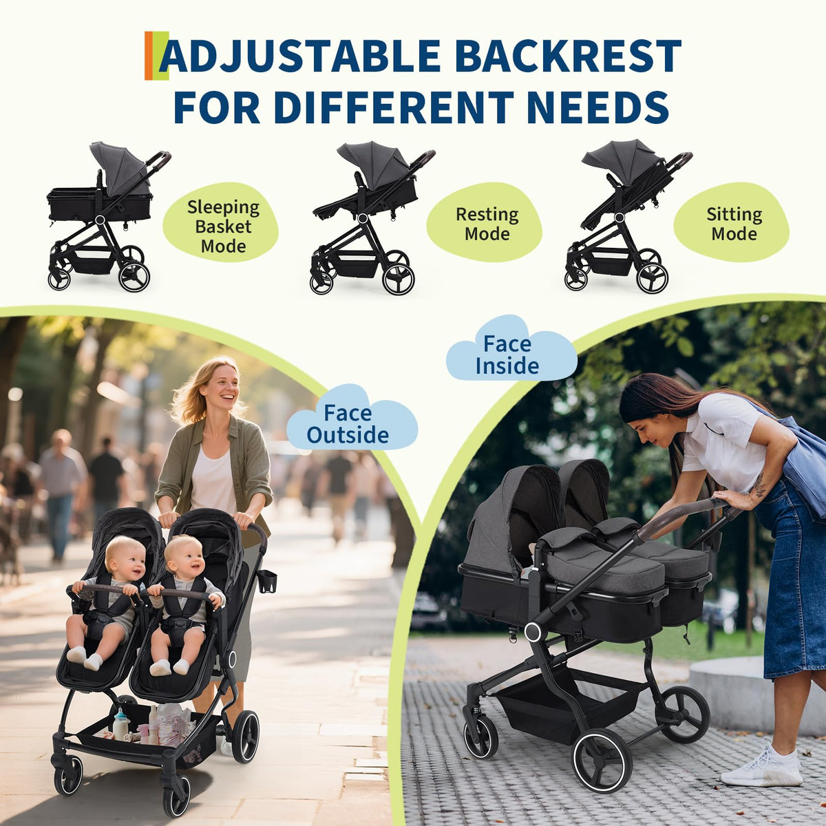 Double Stroller For Twins Lightweight Side By Side Reclining Seats — image 7