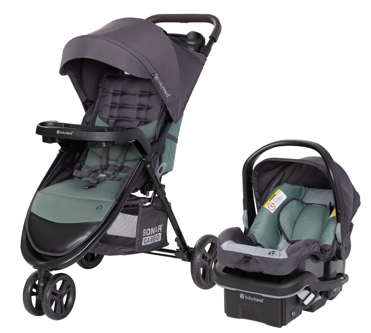Baby Trend Passport cargo stroller with pink bamboo design and EZ-Lift Plus infant car seat, featuring a comfortable travel system.