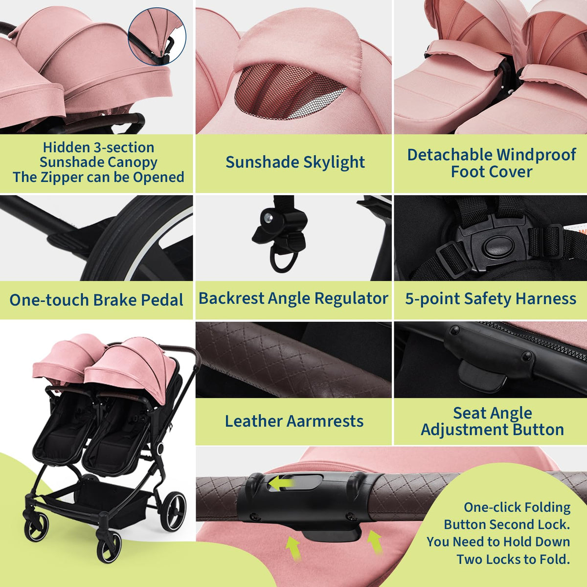 Double Stroller Tandem for Newborn and Toddler with Lightweight Compact Fold for Easy Travel and City Streets Pink — image 7